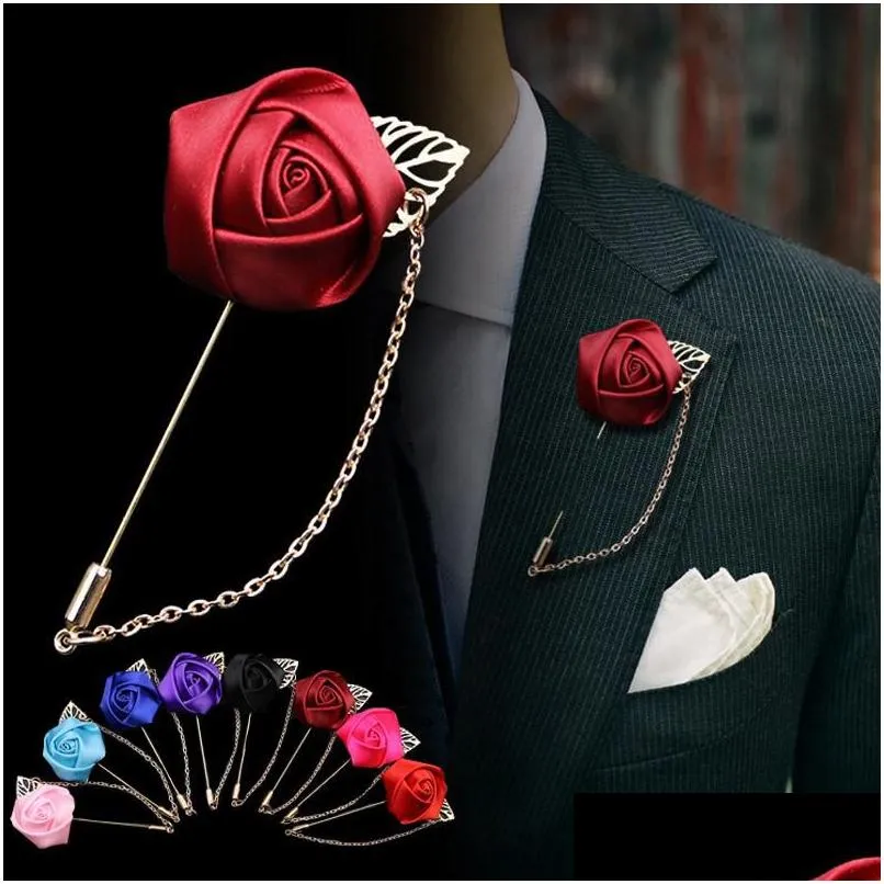 Pins, Men Rose Flower Golden Leaf Fashion Brooch Pin Suit Lapel New Mens Wedding Boutonniere Brooches Jewelry Drop_voghion.com