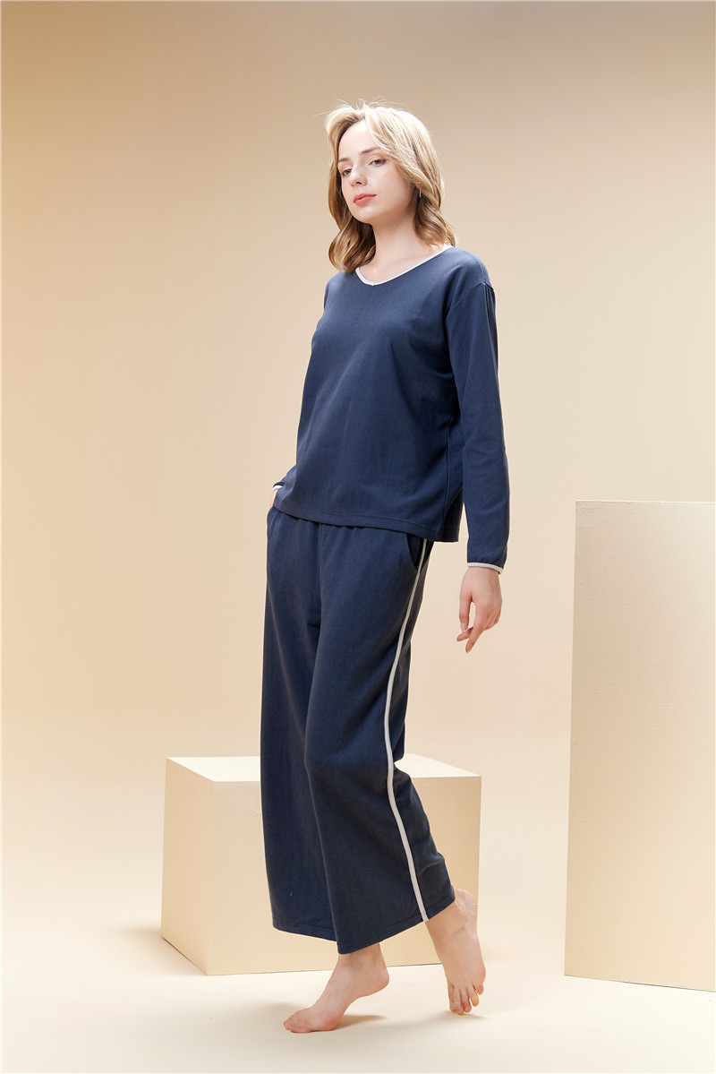 Fløjl pyjamas sæt til kvinder v-hals pullover hjemmetøj sæt_voghion.com