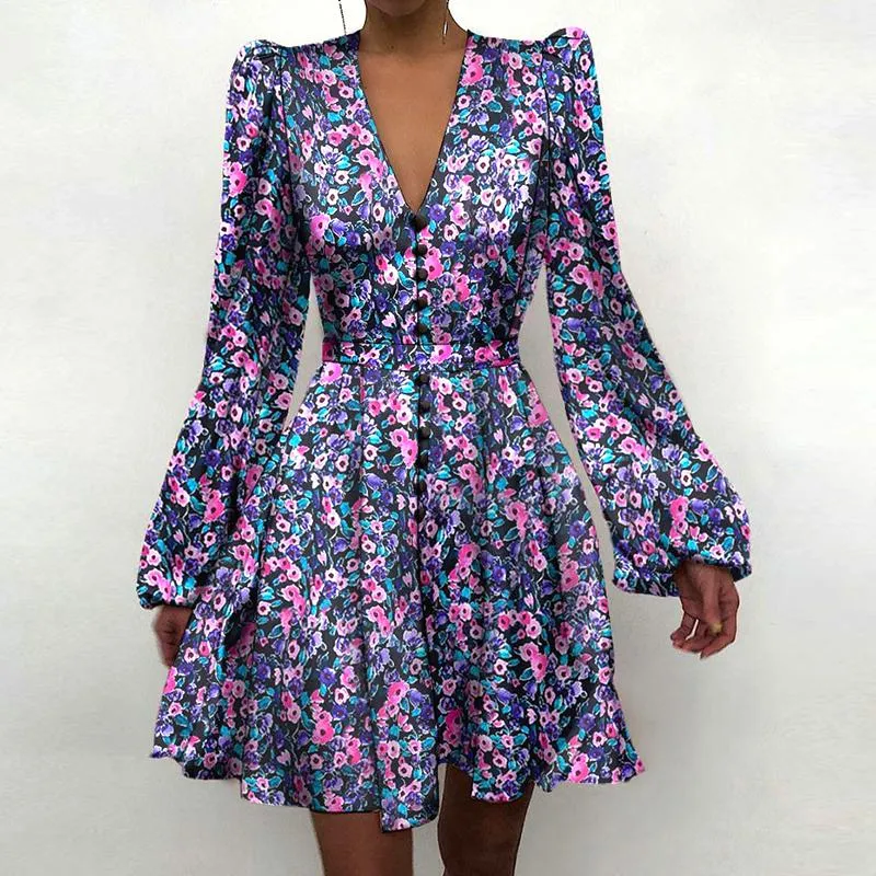 Uformelle kjoler Elegante lanterneermer A-linje minikjole Kontor guttetrykk Lang Vestido Kvinner Sex V-hals Høy midje_voghion.com