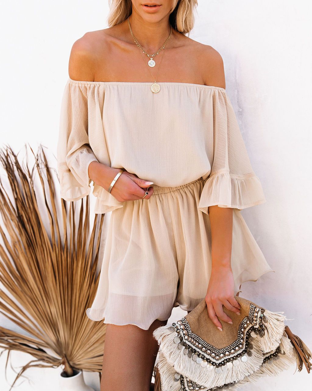 Kurzärmliger, lockerer, einfarbiger Chiffon-Overall für Damen_voghion.com