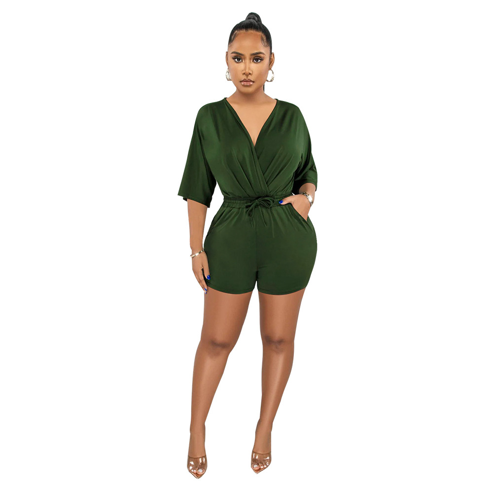 Women's V-neck Jumpsuit Solid Colour Waist Casual Short Romper_voghion.com