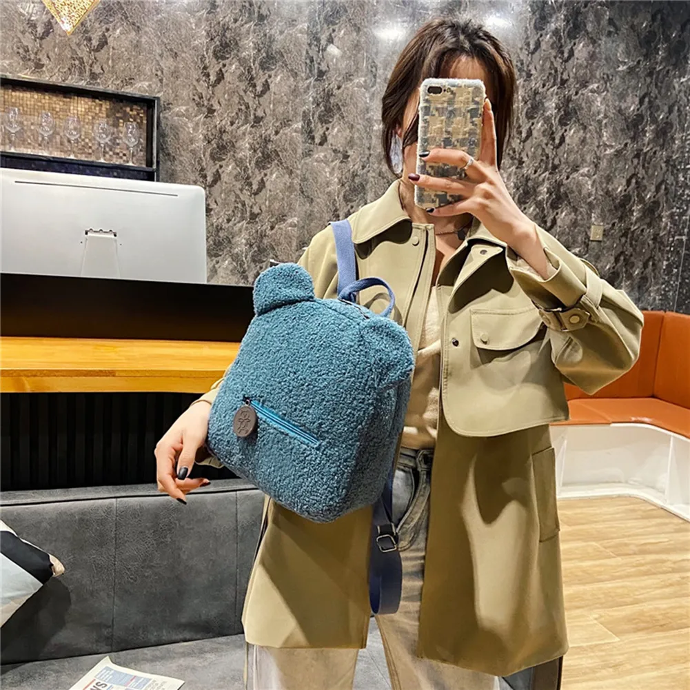 Casual Fleece Bear Shaped Shoulder Cute Women Backpack Children School Bag Travel Rucksack Solid Color Handbag_voghion.com