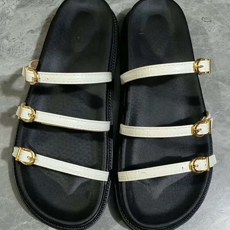 SHLIANG Casual Flache Frauen Strand Hausschuhe Outdoor Dicke Unterseite Weibliche Sommerrutschen Metallschnalle Weiches Leder Walking Damen Römische Schuhe Y0276_voghion.com
