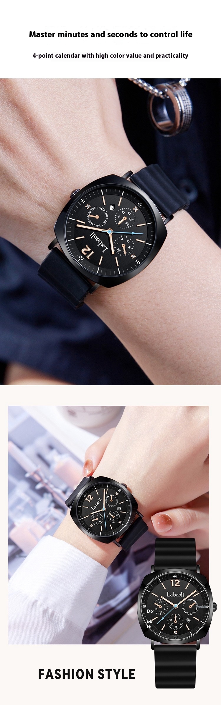 Labaoli Lapoli Casual Women's Three Eye Calendar Waterproof Silicone Tape Quartz Watch_voghion.com