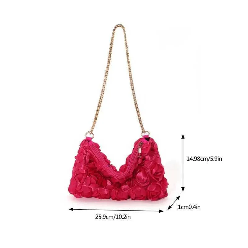 E74B 3D Rose ral Pochette de soirée pour femme en satin pailleté Sac à main bandoulière Sac à main avec chaîne pour fêtes de mariage_voghion.com