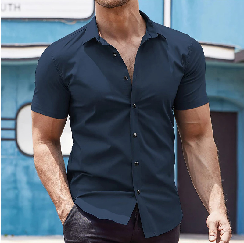 Men's Clothing Summer New Men's Short Sleeved Solid Color Shirt Youth Fashion Home Casual Cardigan Shirt Cross Border_voghion.com
