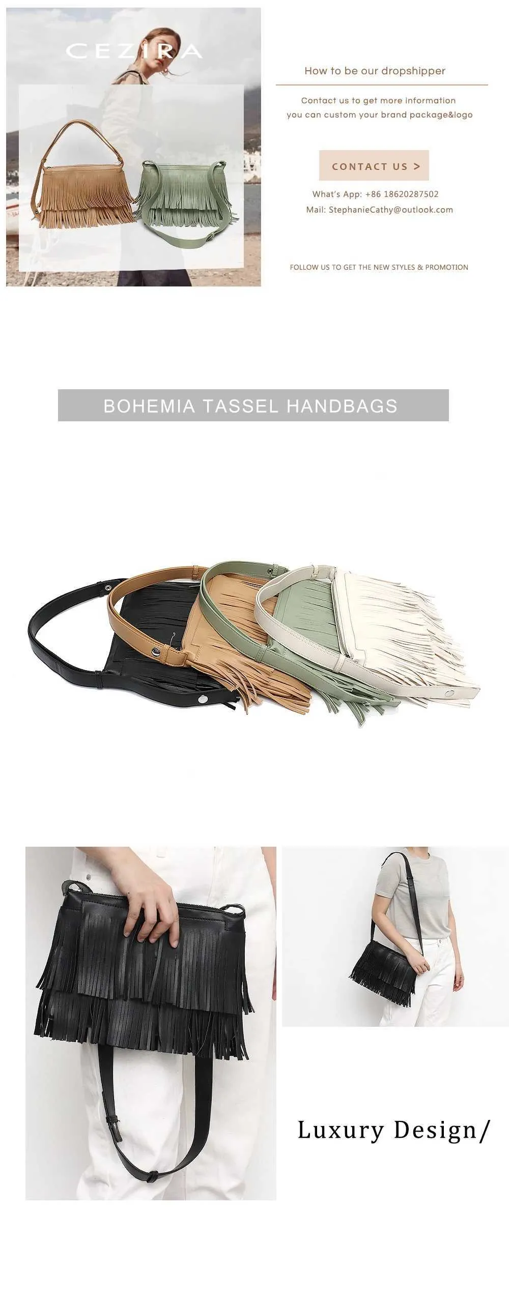 CEZIRA Bohemia Quaste Fransen Ladi Seitentaschen Veganes Leder Stilvolle Designer Mädchen Kleine Umhängetasche Reißverschluss Umschlag Clutch_voghion.com