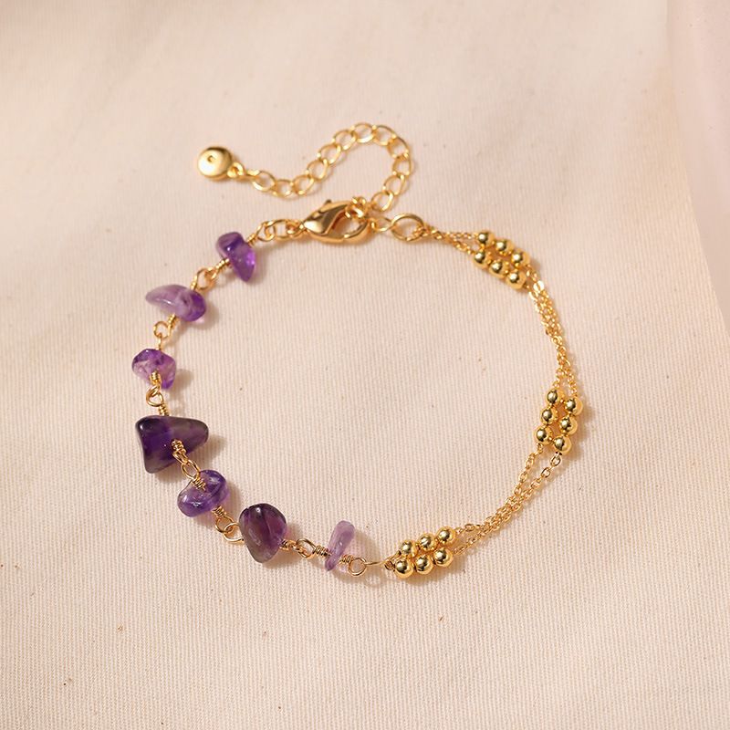 Purple Natural Crystal Gravel Splicing Design Luck Beads Ball Chain K Real Gold Plated Bracelet_voghion.com