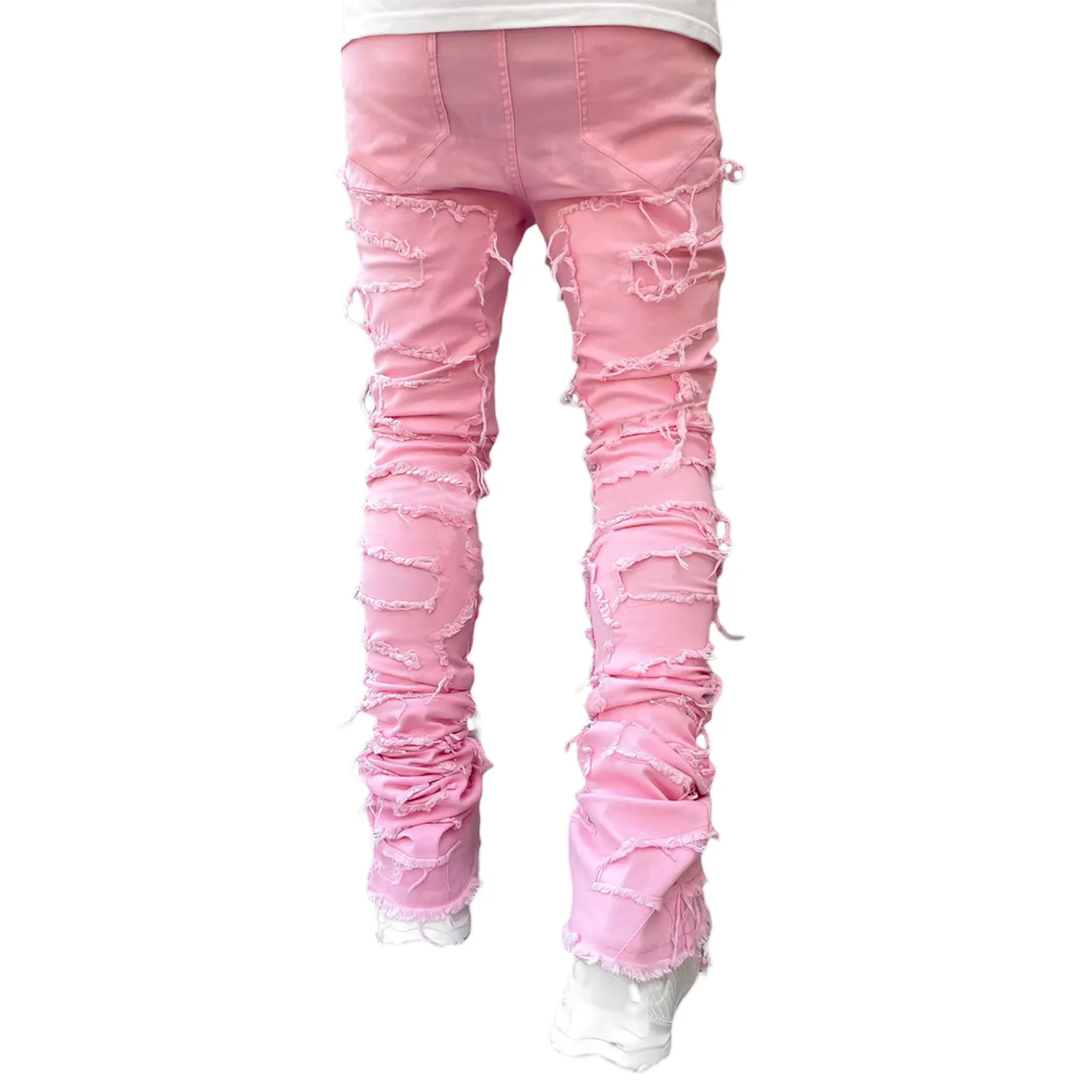 Men's Jeans Regular Fit Stacked Patch Distressed Destroyed Straight Denim Pants Streetwear Clothes Casual Jean_mkmklike.com