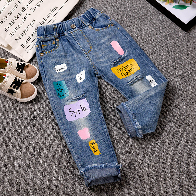 Mother & Kids Spring new 2024 small and medium children's street contrast color children's trousers girls color letter loose jeans_voghion.com