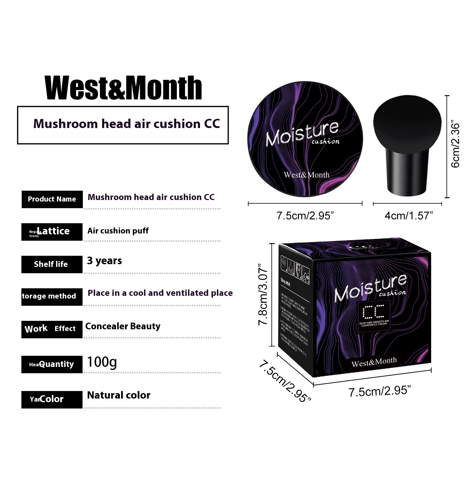West&Month Mushroom Head Air Cushion -kosteuttava peitevoide, luonnollinen korjaava eristävä meikkivoide_voghion.com