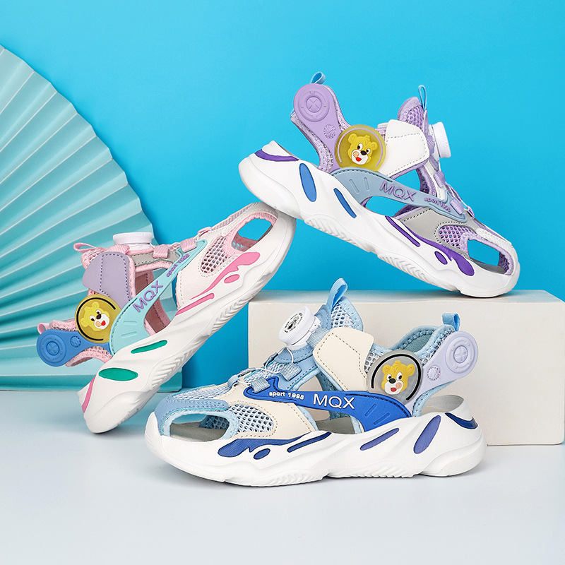 Baotou-Sandalen für Mädchen 2024 Sommer Neue Hohlnetz-Drehknopf-Strandschuhe für Kinder und Damen_voghion.com