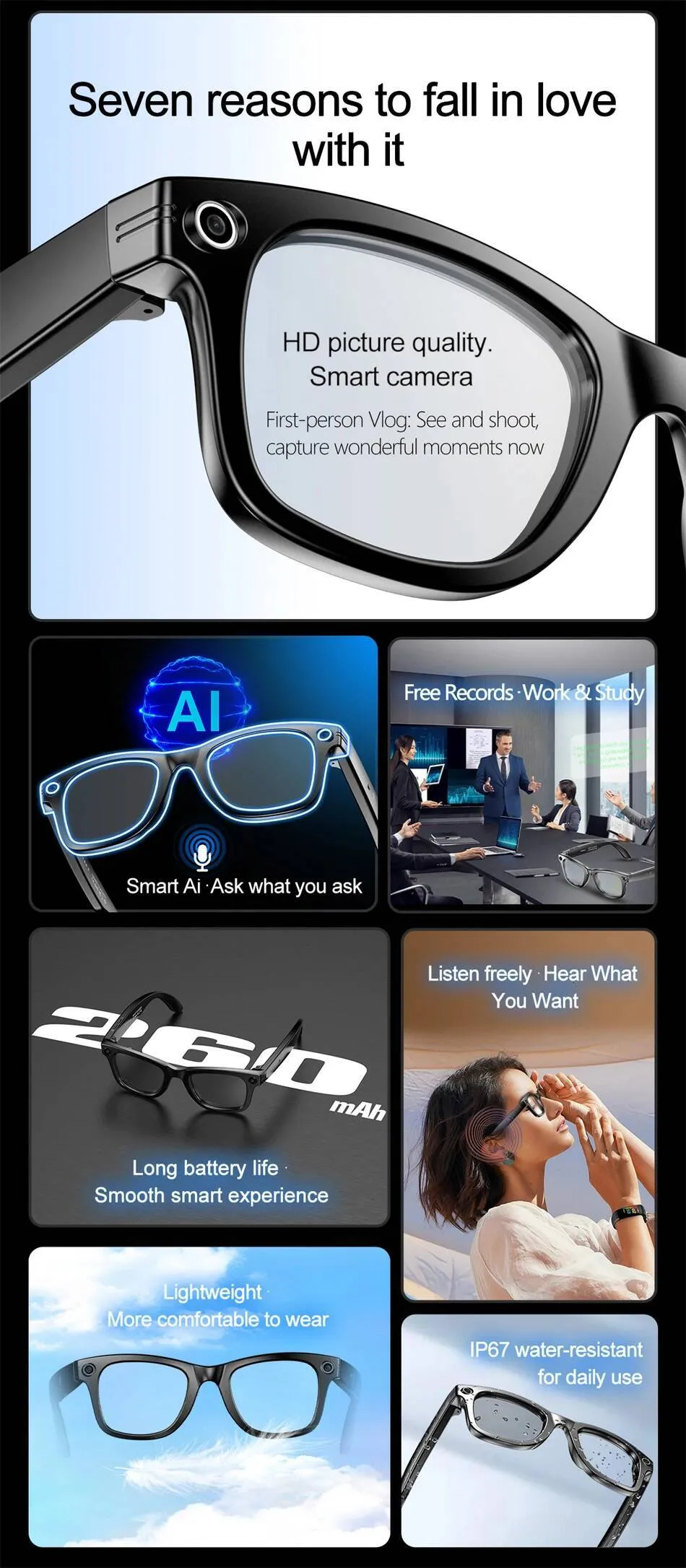 Neue Kamera mit Smart-Glas, Fotosteuerung, Sprachaufzeichnung, Übersetzung, Bluetooth-Anruffunktion, Sportfunktion, wasserdicht und UV-beständig_voghion.com