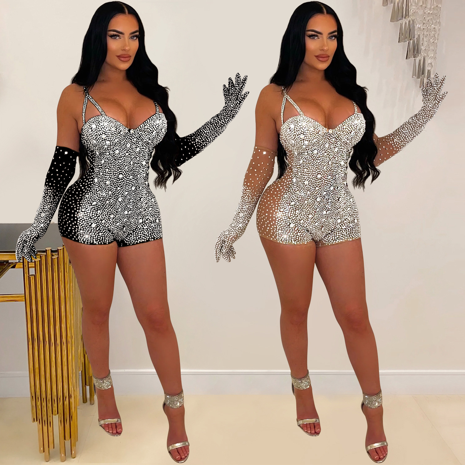 Women's Clothing Fashion women's solid color gauze press drill through shorts jumpsuit