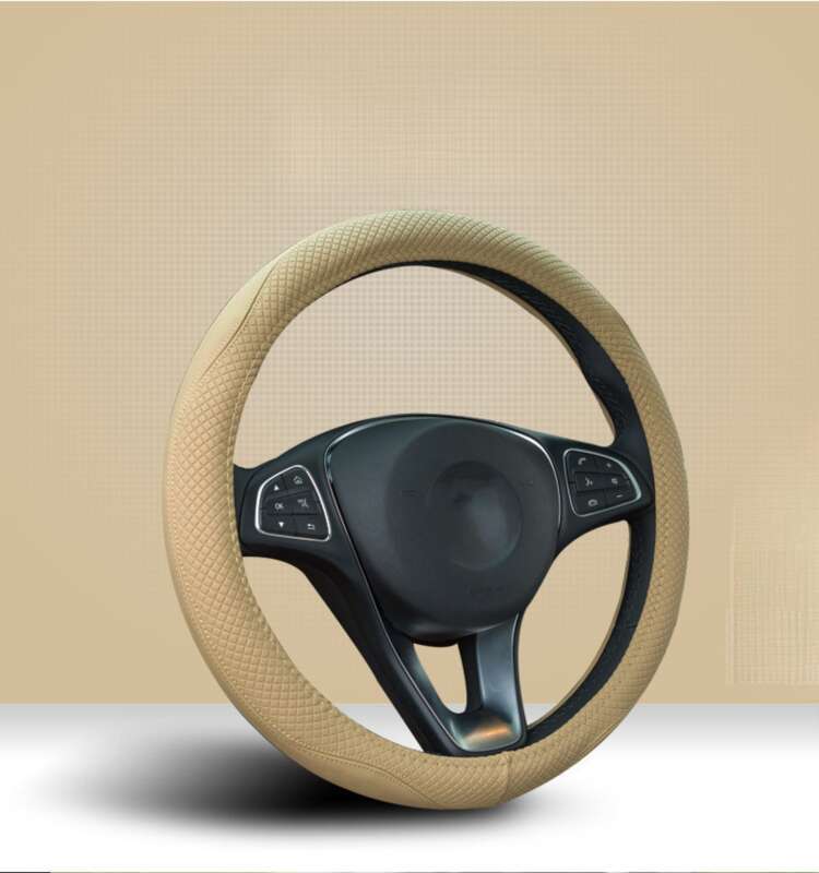 Volante in pelle a doppia aghi con giunture bicolore, coprivolante circolare per auto, coprivolante sportivo minimalista a forma di mulino a vento_voghion.com