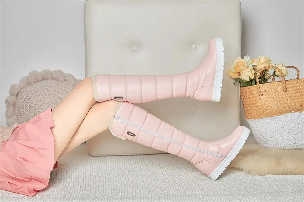 Stivali alti fino al ginocchio da donna con plateau, in peluche, modello MUJI, colore: rosa, bianco, caldi, invernali, taglia 34-43 240930_voghion.com