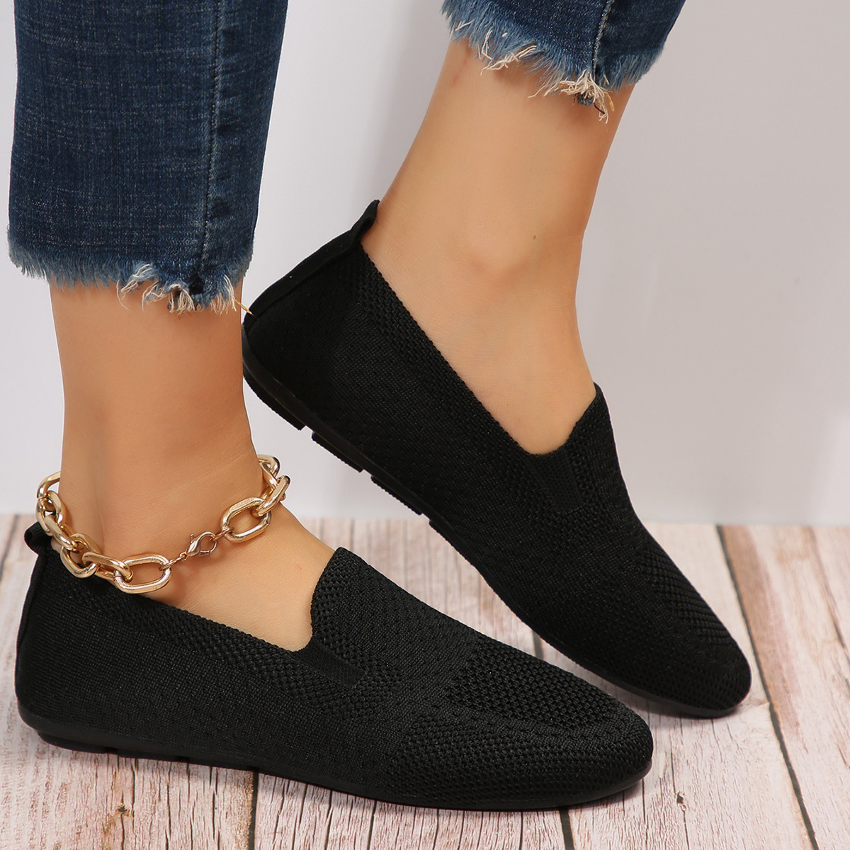 Damenmode flacher Mund fliegende Strick-Low-Top-Einzelschuhe Damen neue gestrickte runde Kopf Set Füße faule Müßiggänger_voghion.com