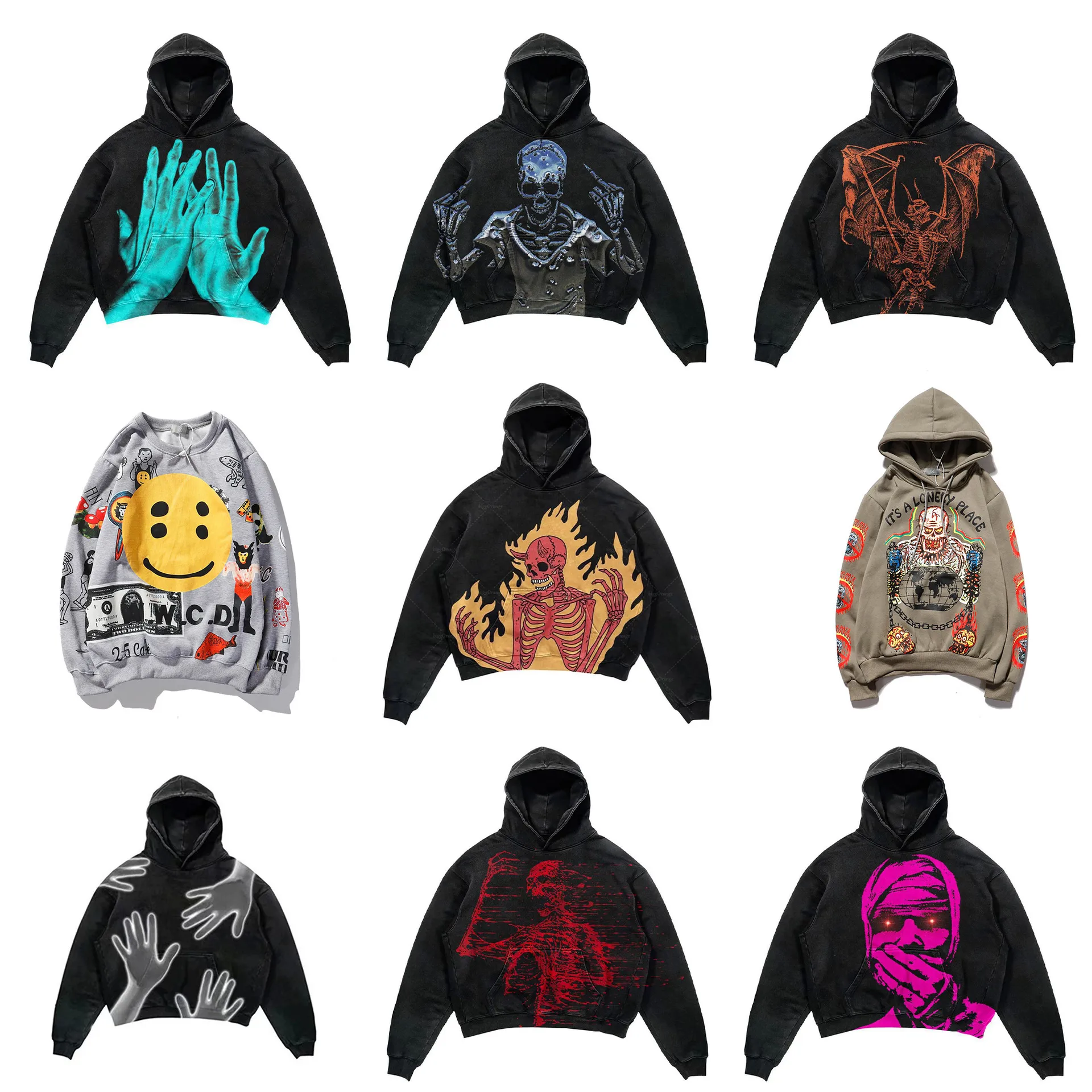 Herren-Designer-Skelett-Sweatshirts im Y2K-Stil, lockere Fleece-Kapuzenpullover für Männer und Frauen, High Street, lässige, übergroße Hoodies_voghion.com