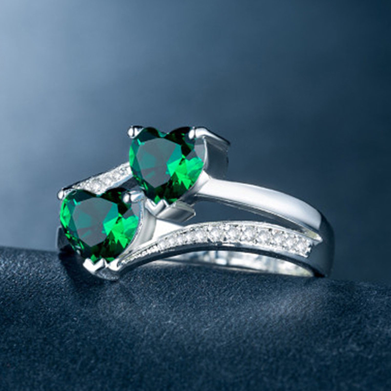Qianbihe Kvinner Ring Dobbelt Hjerte Glitrende Cubic Zirconia Mote Utseende Fingerbånd for Party-Blue US 6_voghion.com