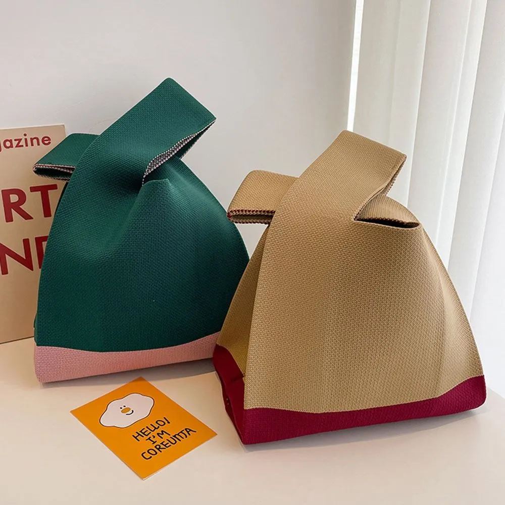 Mode Handarbeit Stricken Handtasche Frauen Mini Knoten Handgelenk Casual Farbe Plaid Einkaufstasche Wiederverwendbare Einkaufstaschen_voghion.com
