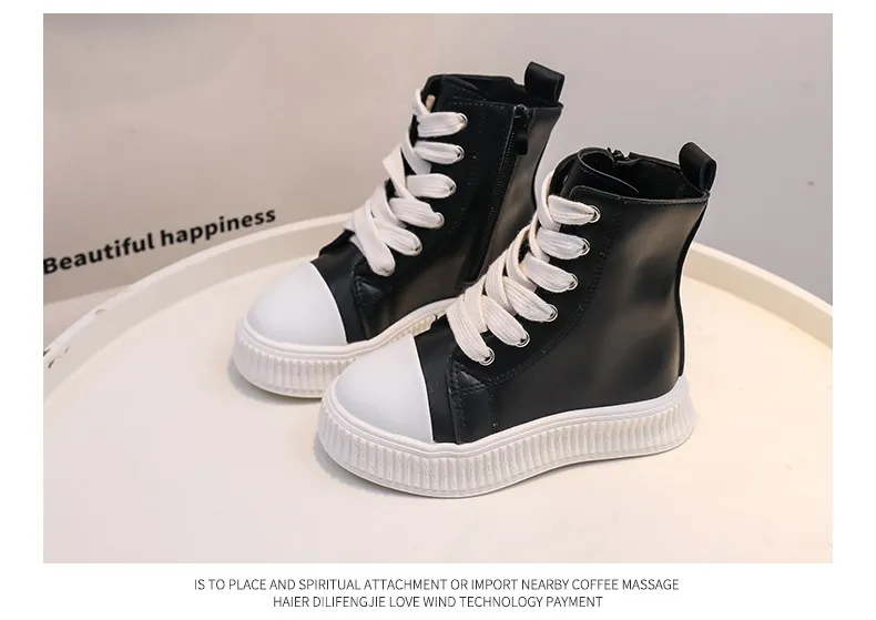 Tênis plataforma infantil preto vermelho couro zíper cadarço crianças meninos meninas casual happysteps fundo grosso criança alta_voghion.com