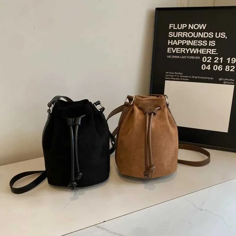 Suede Drstring Small Shoulder Bag Dark BrownC241217_voghion.com