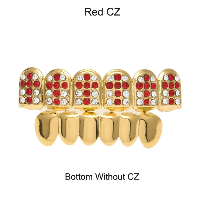 Party Cosplay Hiphop Zubehör CZ Kristall Bio Kupfer Gold Zähne Grillz Kappen oben und unten mit rot schwarz Kreuz Charme_voghion.com