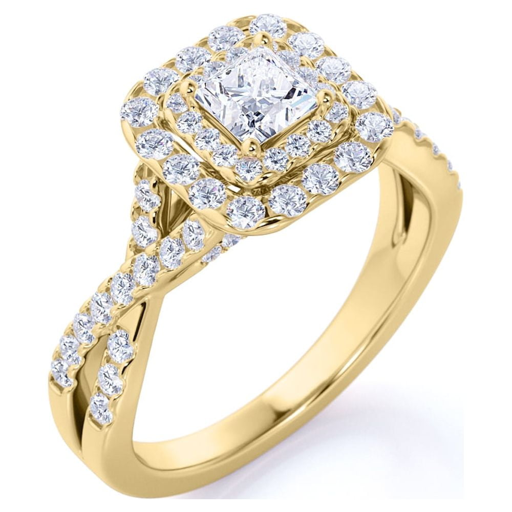 Set de mireasă de logodnă JeenMata 1 carat cu tăietură prințesă Moissanite Inel dublu cu halou - Aur galben peste Sier_voghion.com