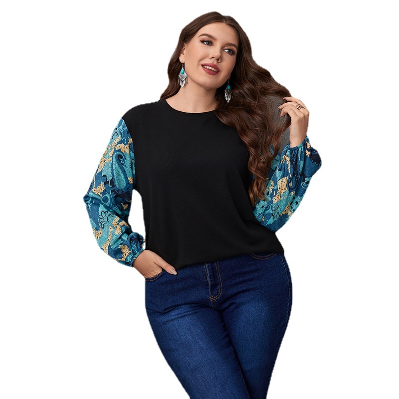 Women's temperament commuting color matching plant lantern sleeve round neck large size shirt_voghion.com