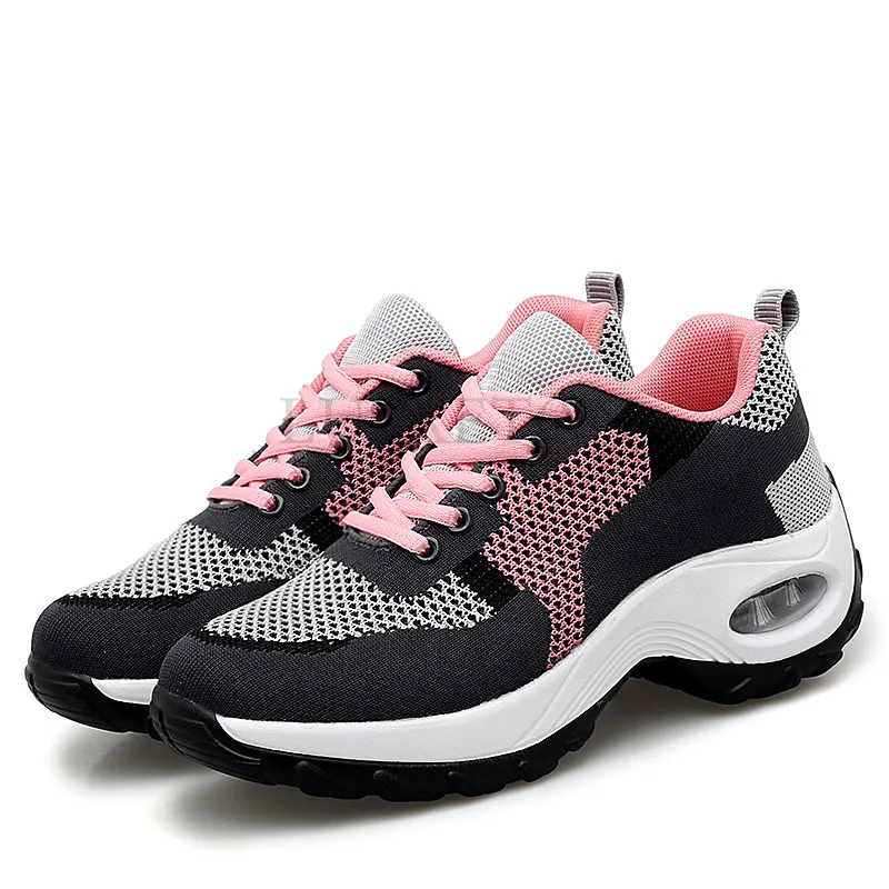 Mesh Air Cushion Cushioning Thick Sole High Heel Women Sports With Soft Lace Up Suitable For Outdoor Fiess Travel Shoes_voghion.com