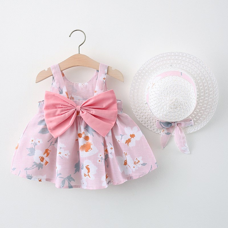 Baby Girl Dress Summer Flower Printed Cotton Sling Dress Fashion Princess Dress Kids Clothes Send Hat_voghion.com
