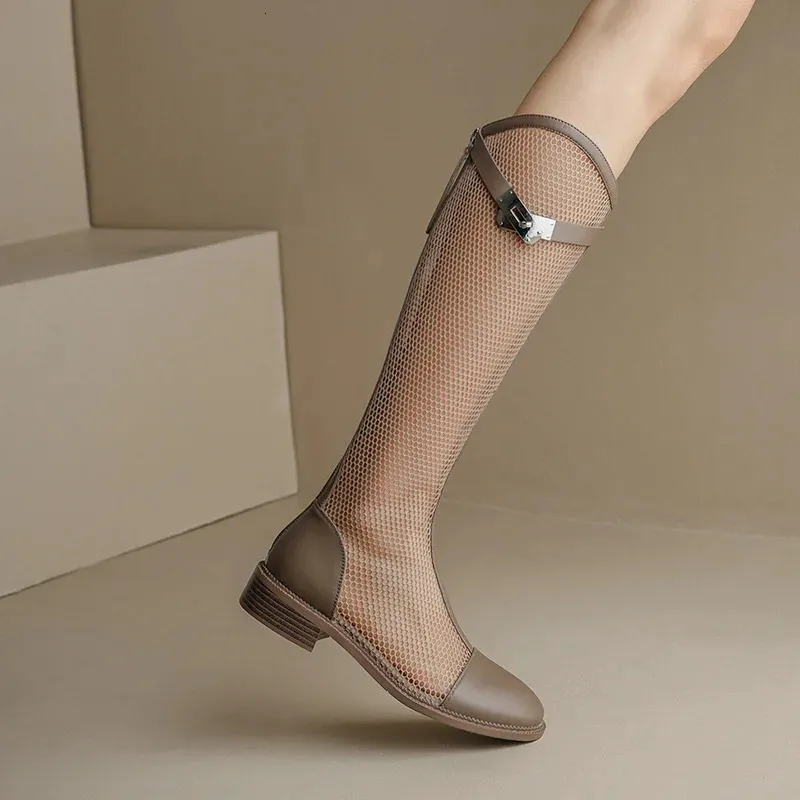 Breathable Leather Mesh Long Boots For Women Fashionable Sandals_voghion.com