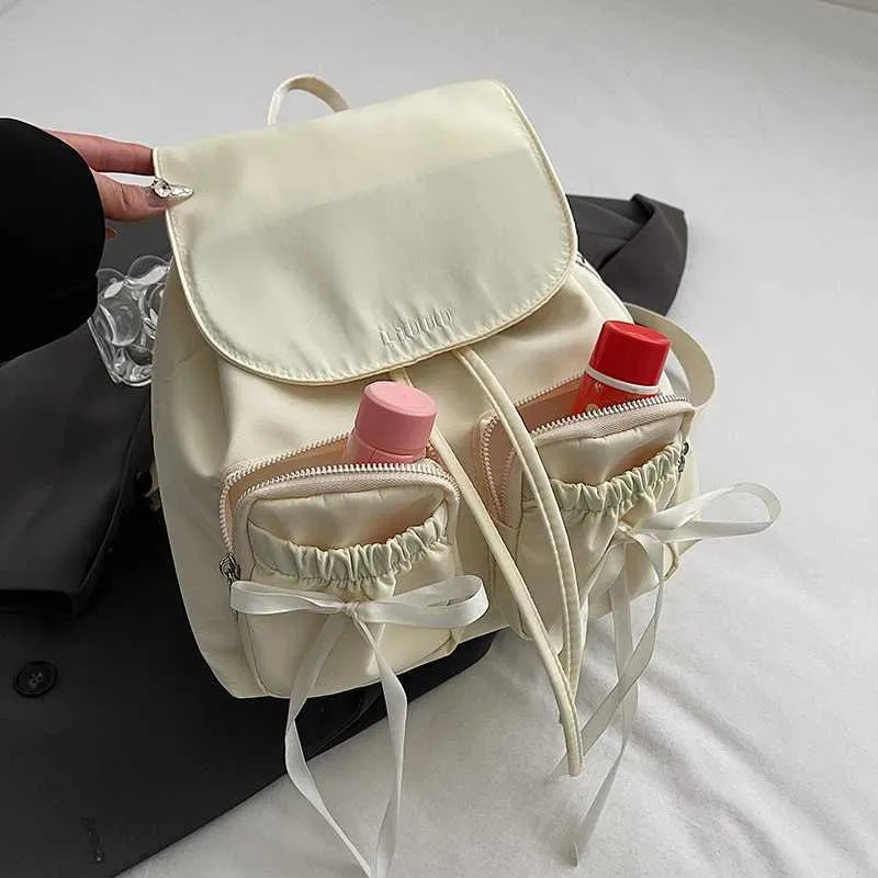 Bogen Design Frauen Kleine Nylon Rucksäcke 2024 Frühling Y2K Koreanische Mode Einfarbig Rucksack Dame Reise_voghion.com