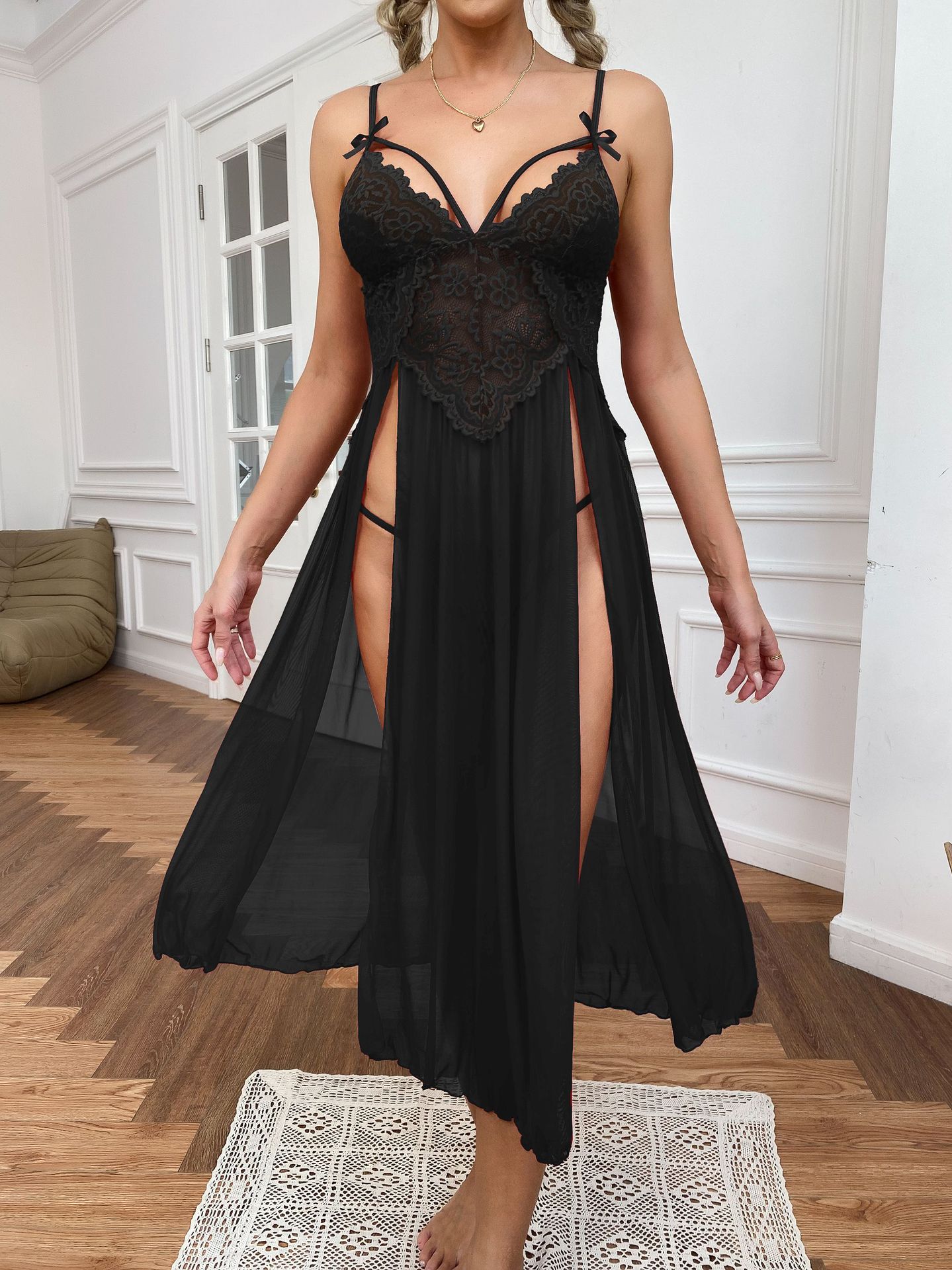 Vestito notte sexy donna pizzo scollo a v camicia da notte mesh_voghion.com