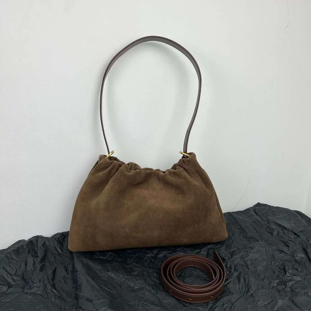 Borsa a tracolla da donna in pelle scamosciata opaca con 2 cinturini, in pelle di mucca scamosciata, stile coreano, con arricciature, color caffè kakhi_voghion.com