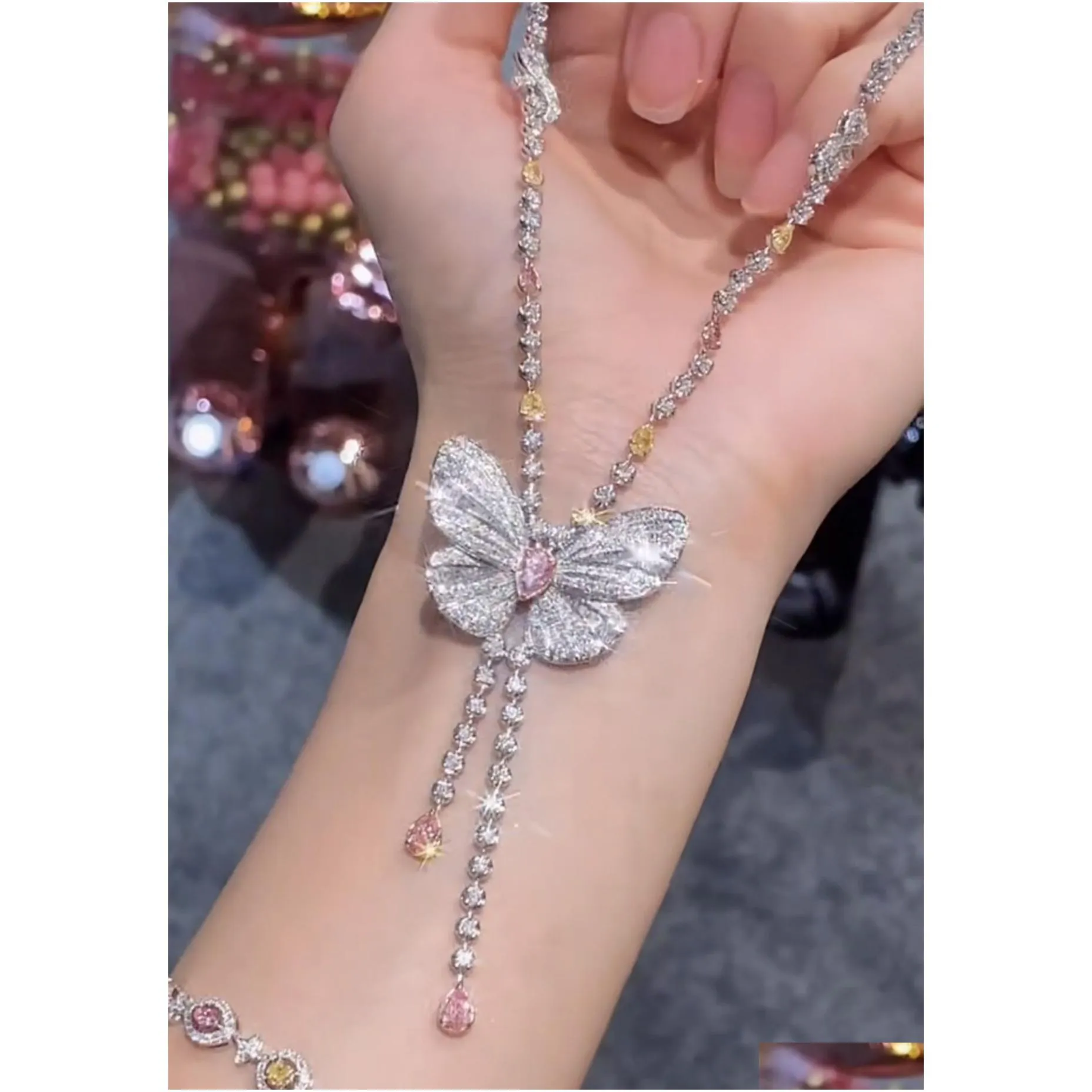 Set di gioielli da sposa con farfalla, diamanti da laboratorio, orecchini in argento sterling, collana girocollo per donna, pietre preziose da sposa_voghion.com