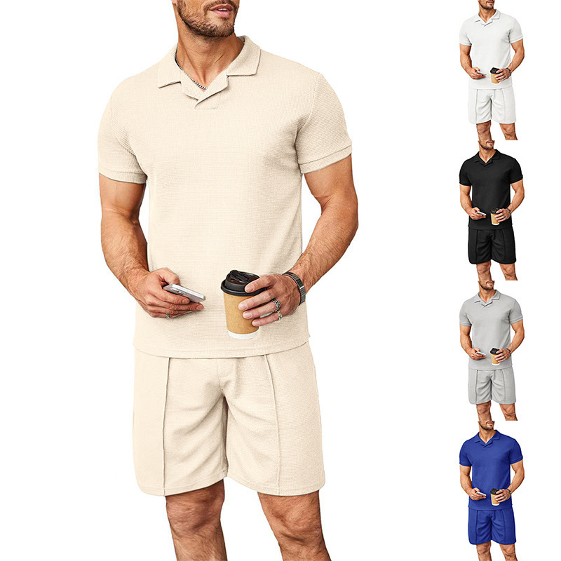 Men's summer new waffle V-neck polo shirt with flip collar short sleeved T-shirt men's set_voghion.com