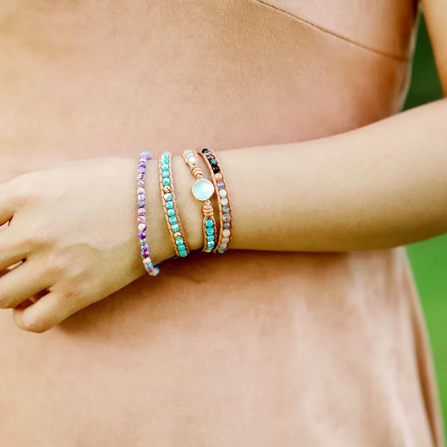 Charm Högkvalitativ Kvinnor Naturlig Opalsten 3 Rader Läderarmband Fancy Femme Boho Armband Dropship 230814_voghion.com