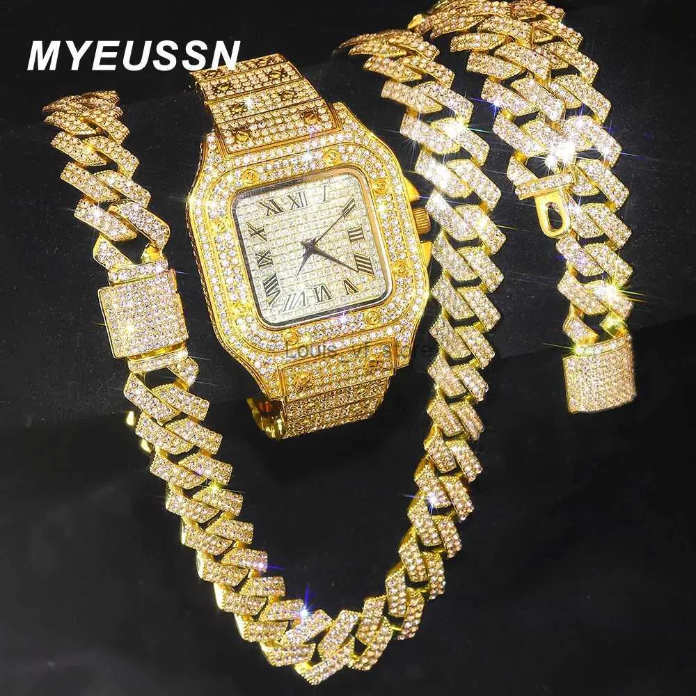 Zelta vīriešu Kubas ķēdes hiphopa Maiami cirtaina ledus laikmeta kaklarota+rokassprādze ar mirdzošiem rhinestones elementiem_voghion.com