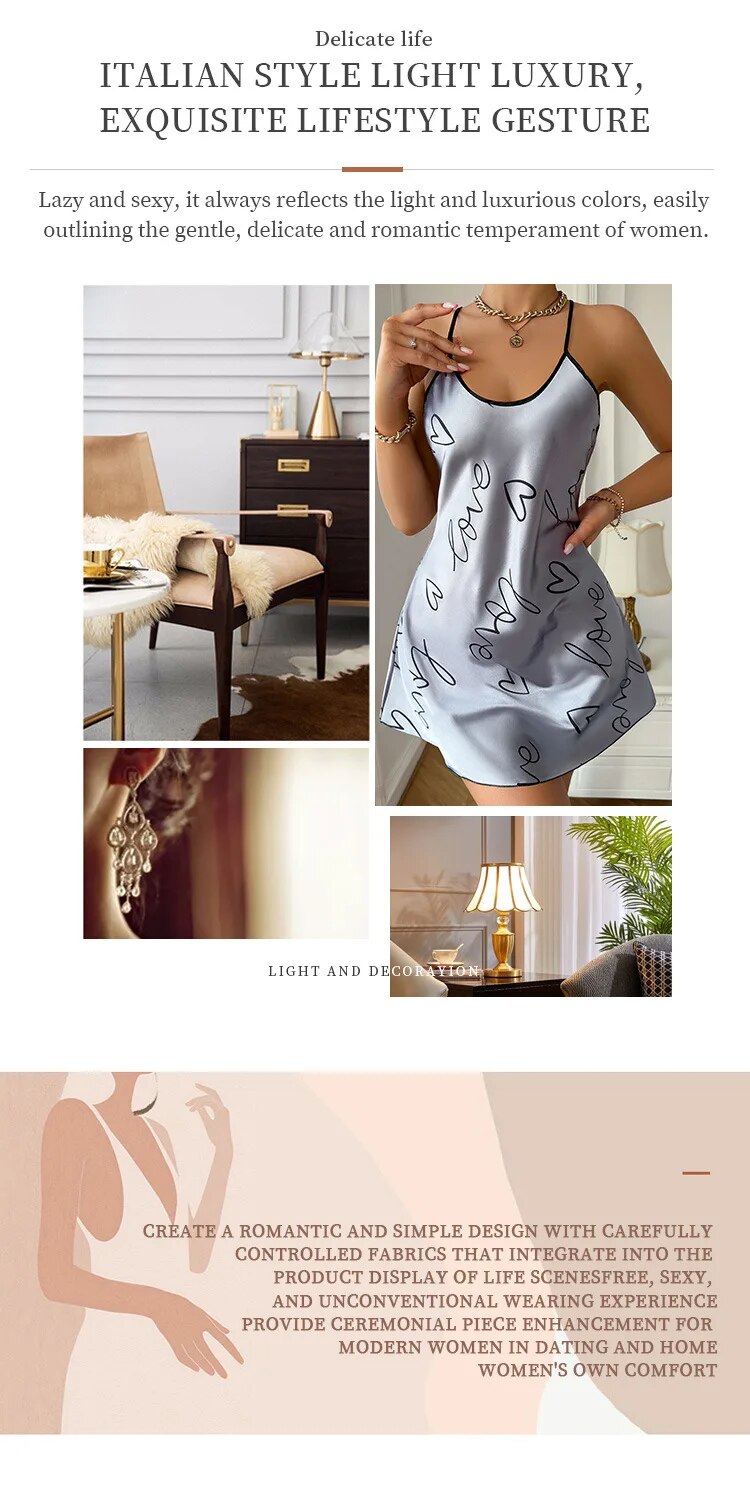 Dames casual grijze pyjama jurk indoor sexy korte rok kleine sling liefdesprint hartvormige pyjama dun gedeelte_voghion.com