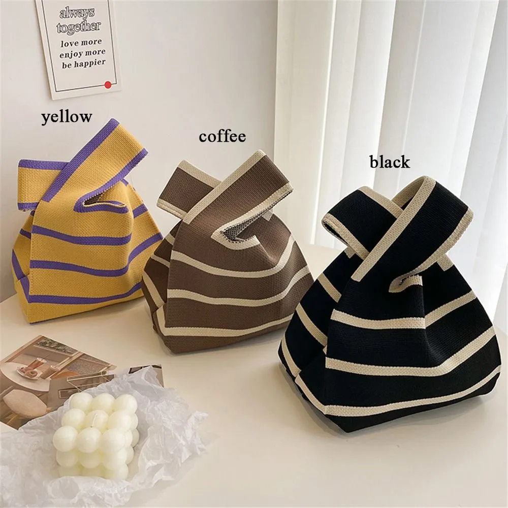 1PC Women Mini Handbag Handmade Knit Knot Wrist Japanese Color Wide Stripe Plaid Tote Bag Student Reusable Shopping Bags_voghion.com