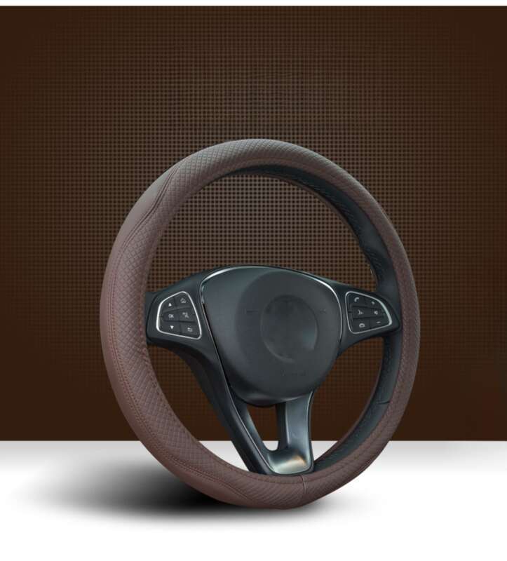 Volante in pelle a doppia aghi con giunture bicolore, coprivolante circolare per auto, coprivolante sportivo minimalista a forma di mulino a vento_voghion.com