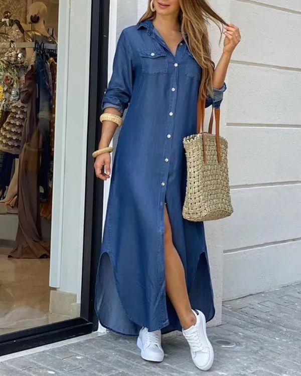 Plus Size Moudegt Hemdstil Knäppkleed Damen Casual Laang Stroossekleeder Loose Home Maxi Fraen_voghion.com