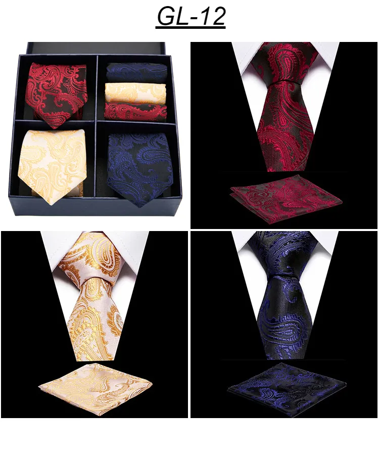 Rusetit Miesten Solmiosarja Klassinen 7,5 cm Solmio ja Keltainen Vihreä Musta Paisley Pocket Square Miehille Häät_voghion.com