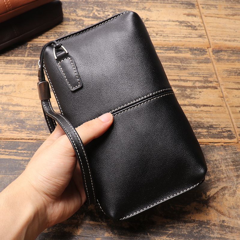 Herrenhandtasche echtem Leder, weicher Lederreißverschluss, lange Brieftasche, lässige Telefontasche aus Rindsleder der_voghion.com