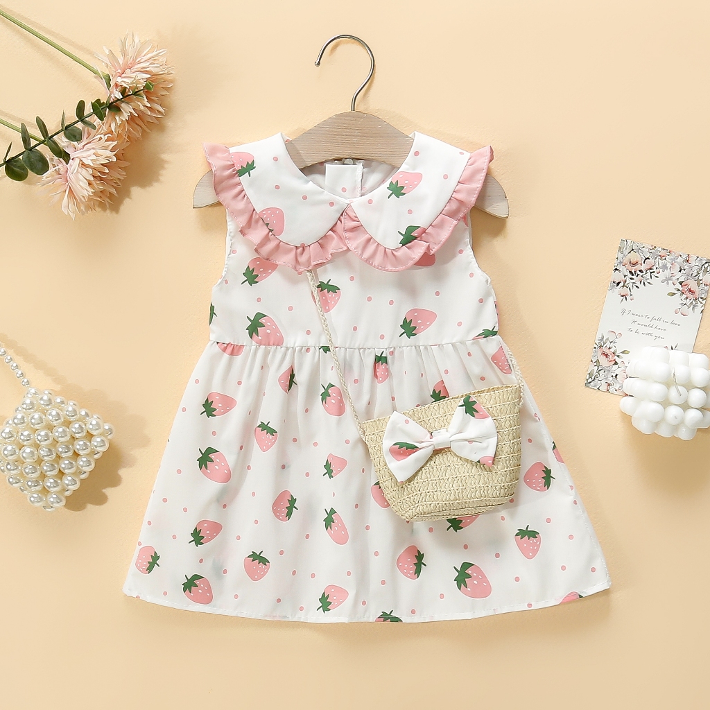 Mädchen Baby Baumwolle Kleid Ärmellos Puppe Kragen Erdbeere Gedruckt Tank Top Kleid Senden Tasche_voghion.com
