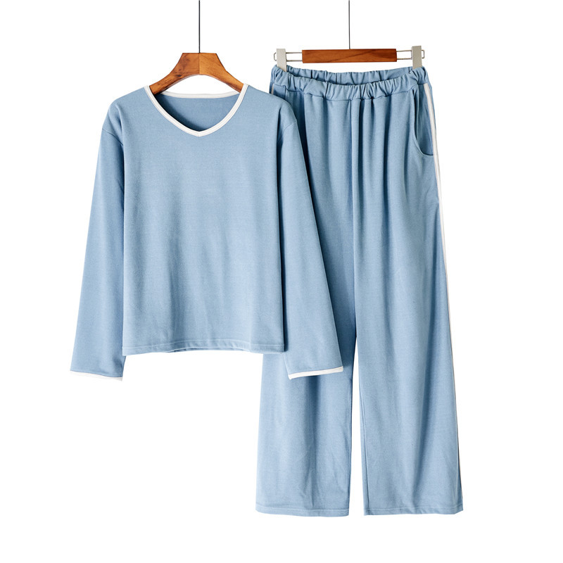 Fløjl pyjamas sæt til kvinder v-hals pullover hjemmetøj sæt_voghion.com