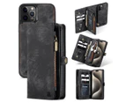CaseMe für 14 Pro Max, Reißverschluss und abnehmbare Retro-Ledertasche, Brieftasche, Klapptasche, abnehmbare Handyhülle (schwarz)_voghion.com