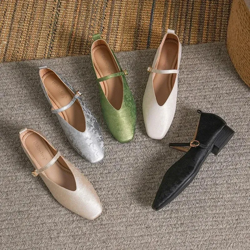 Γυναικεία Μόδα Καλοκαιρινά Παπούτσια Mary Jane με Τετράγωνη Δάχτυλη και Χρυσό Πράσινο, Κομψά Γυναικεία Παπούτσια με Στάμπα και Αγκράφα, Μεγάλο Μέγεθος_voghion.com