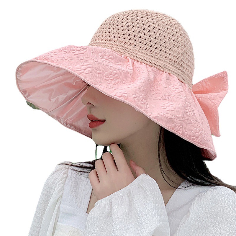 Sun Visor Hat For Women Wide Brim Straw Beach Hat With Bow_voghion.com